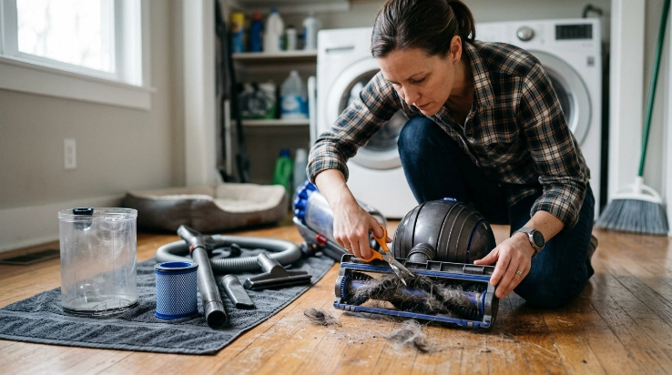 Step-by-step cleaning of pet hair from a vacuum brush roll, hose, bin, tools, and filter.