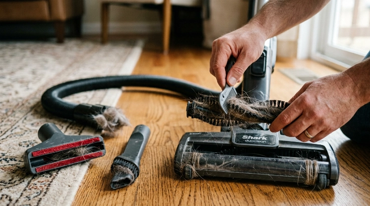 Pet hair being removed from a vacuum brush roll, hose, upholstery tool, and crevice tool.