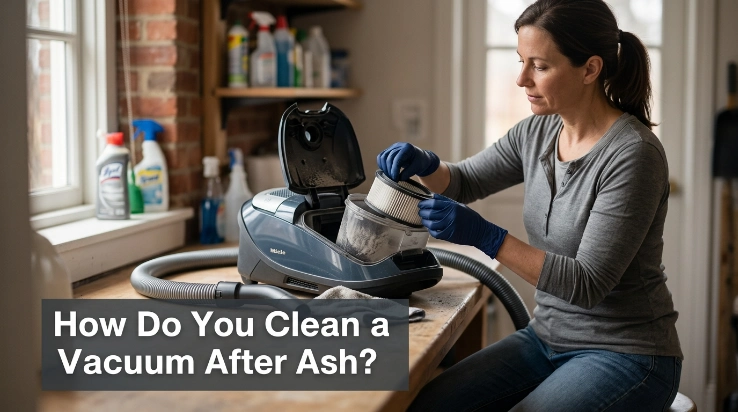 Homeowner safely cleaning a vacuum after ash and removing a dusty filter