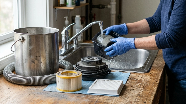 Vacuum filters, bin, hose and motor parts separated for safe ash cleaning