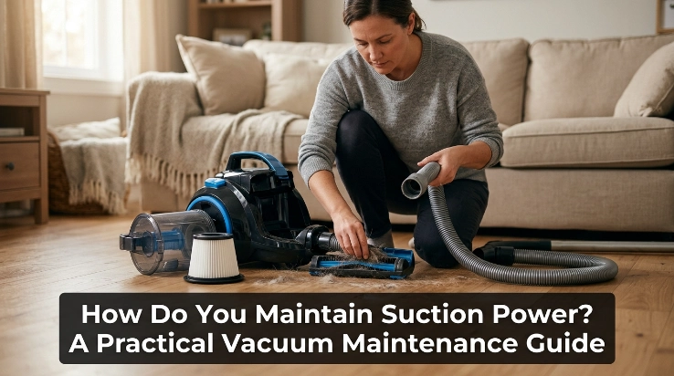 Homeowner maintaining a vacuum to show how do you maintain suction power through airflow and filter care