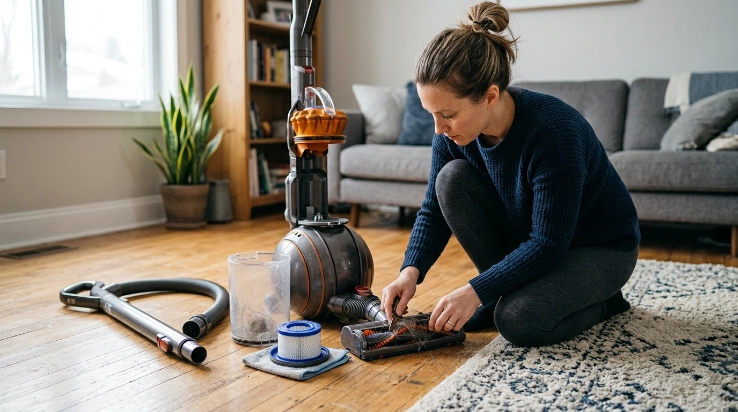 Six-step vacuum care scene showing how do you maintain suction power through routine maintenance