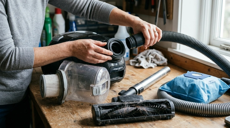 Vacuum components affecting suction power, including filter, hose, brush roll, dustbin, bag, and seals