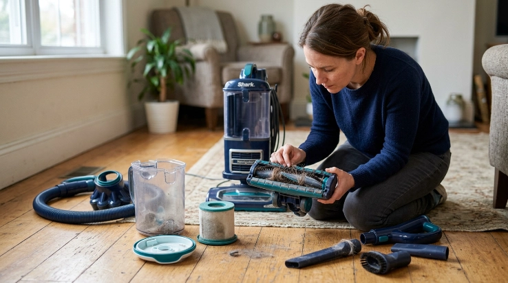 Bagless vacuum maintenance showing dust bin, filter, cyclone, brush roll, hose, and seals.