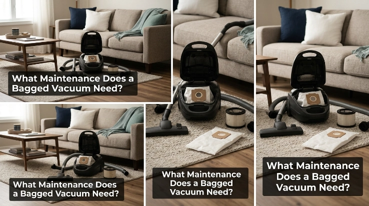 Bagged vacuum maintenance scene with replacement bag, filter, hose, and floorhead.