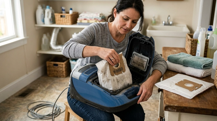 Homeowner replacing a full bag inside an unplugged bagged vacuum cleaner.