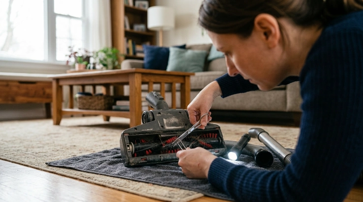 Homeowner cleaning hair from a vacuum brush roll while inspecting the hose for clogs.