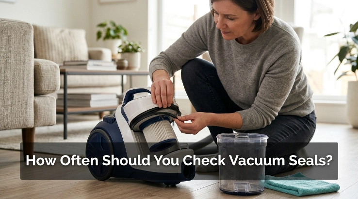Homeowner inspecting vacuum seals and dust-bin gasket during monthly vacuum maintenance.
