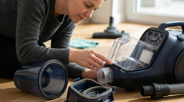 Homeowner inspecting rubber vacuum seals around the dust bin, filter housing, and hose connection.