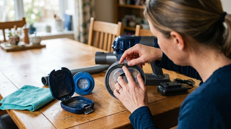 Homeowner checking vacuum seals for dust, hair, cracks, tears, and improper seating.