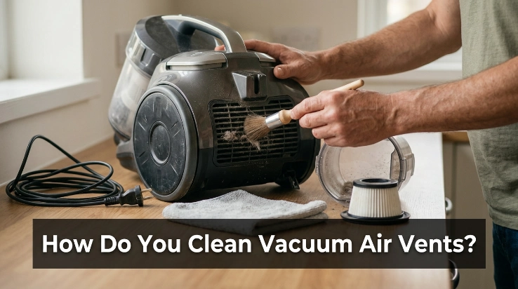 How do you clean vacuum air vents using a soft brush on an unplugged household vacuum?
