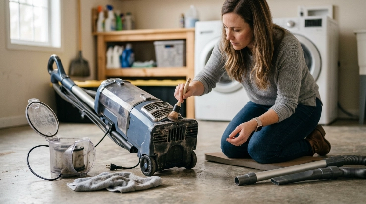 Homeowner safely cleaning vacuum air vents after unplugging, emptying the bin, and checking the filter.