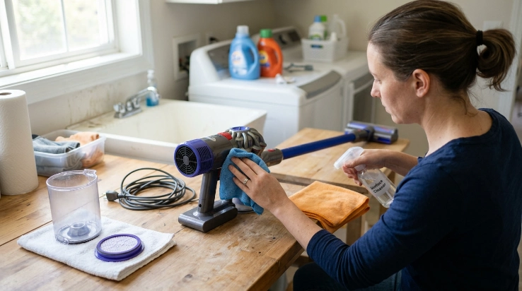 Safe method for cleaning vacuum air vents using a damp cloth while keeping water away from electronics.