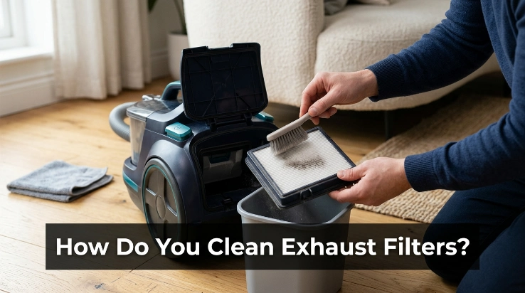 How do you clean exhaust filters safely on a household vacuum cleaner?