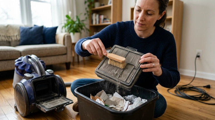 Homeowner brushing loose dust from a vacuum exhaust filter before approved washing.
