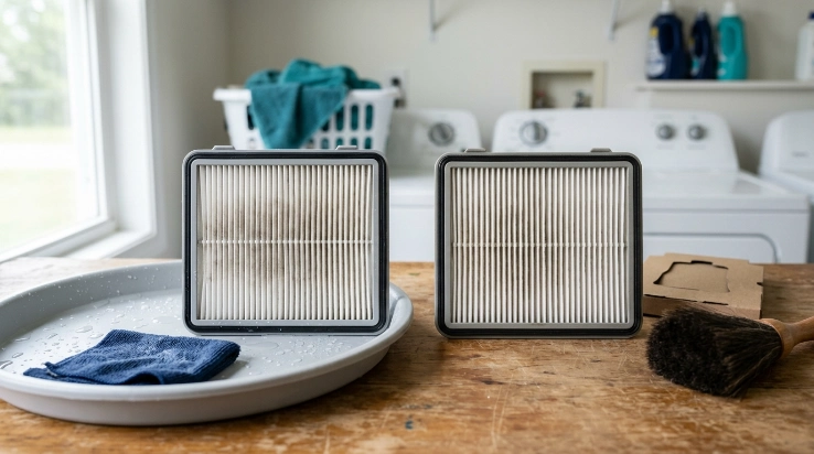 Washable and non-washable vacuum exhaust filters shown side by side for comparison.