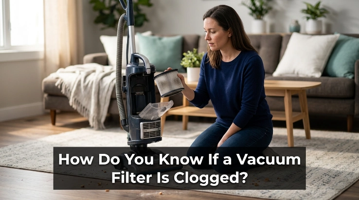 How do you know if a vacuum filter is clogged? Homeowner inspecting a dusty vacuum filter.