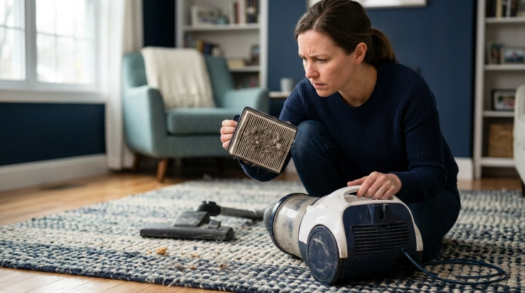 Dusty pleated vacuum filter beside a vacuum showing poor pickup on a living-room rug.