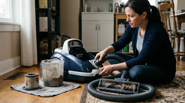 Homeowner inspecting a vacuum filter, full bin, hose, brush roll, and connections.