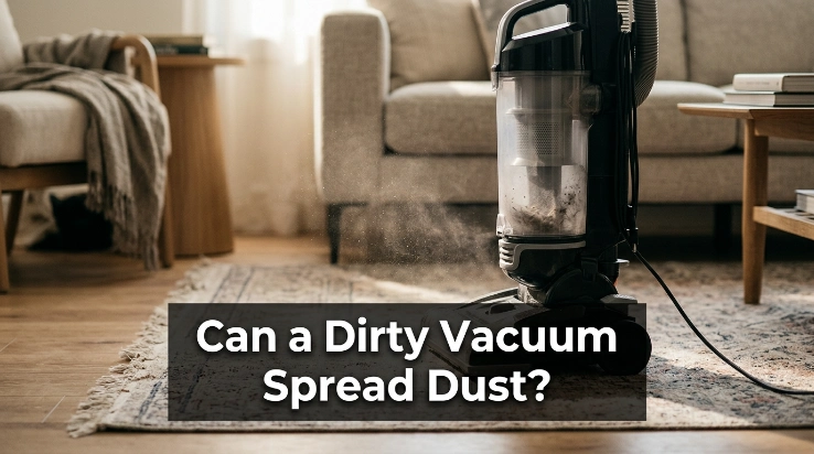 Dirty vacuum releasing fine dust into a sunlit living room during cleaning