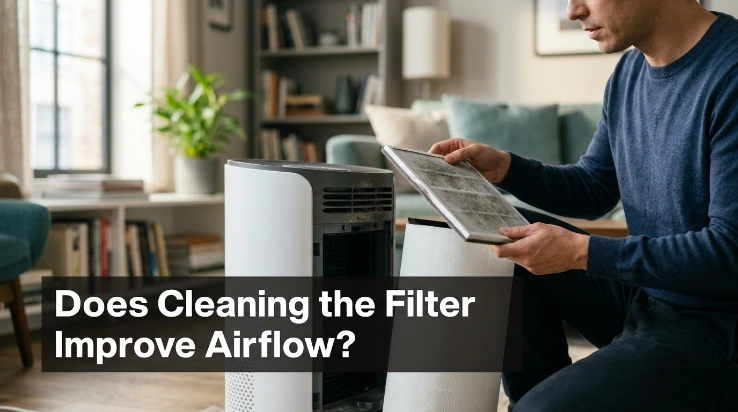 Homeowner checking a dirty appliance filter to see whether cleaning improves airflow.