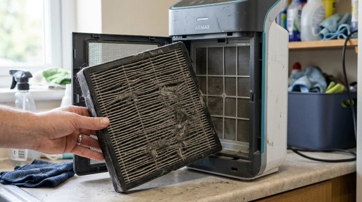 Dust, hair and lint clogging a household filter and restricting airflow through the appliance.