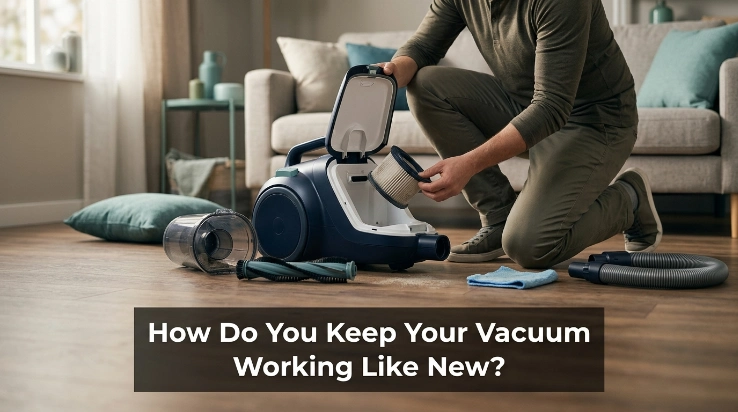 Homeowner maintaining a vacuum to keep it working like new with filter and brush care