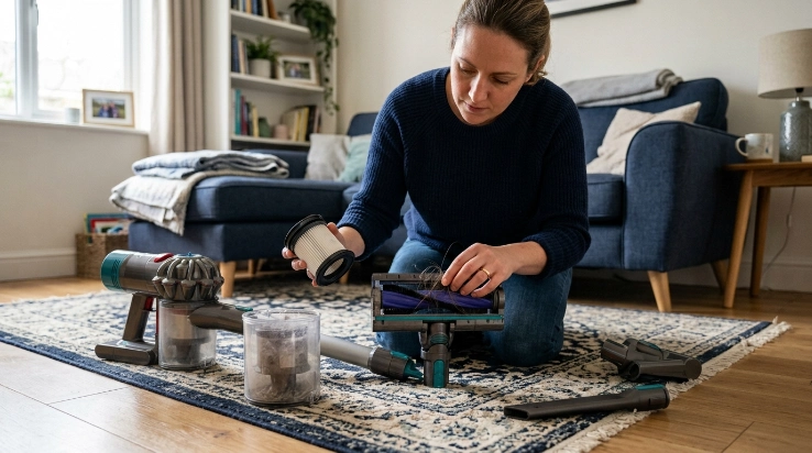 Homeowner inspecting vacuum filter, brush roll, hose, and dustbin during routine maintenance