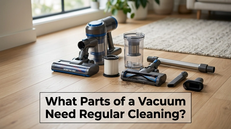 Vacuum parts needing regular cleaning, including filter, bin, brush roll, wand and attachments