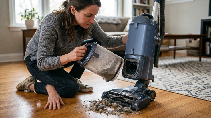 Homeowner cleaning vacuum bin, filter and brush roll during regular vacuum maintenance