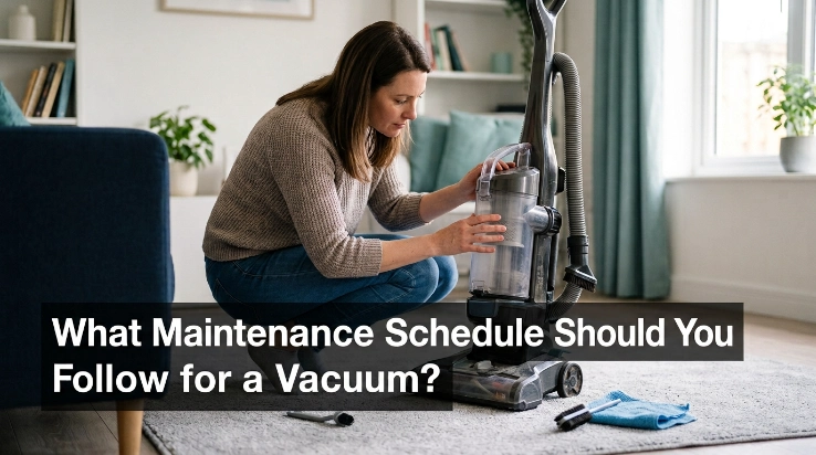 Homeowner following a vacuum maintenance schedule by checking the dust bin and cleaner head