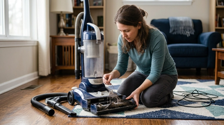 Vacuum maintenance schedule showing an after-use check of the bin, floorhead, and brush roll