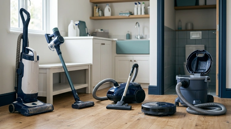Vacuum maintenance schedule comparison showing upright, canister, cordless, robot, and wet/dry vacuums
