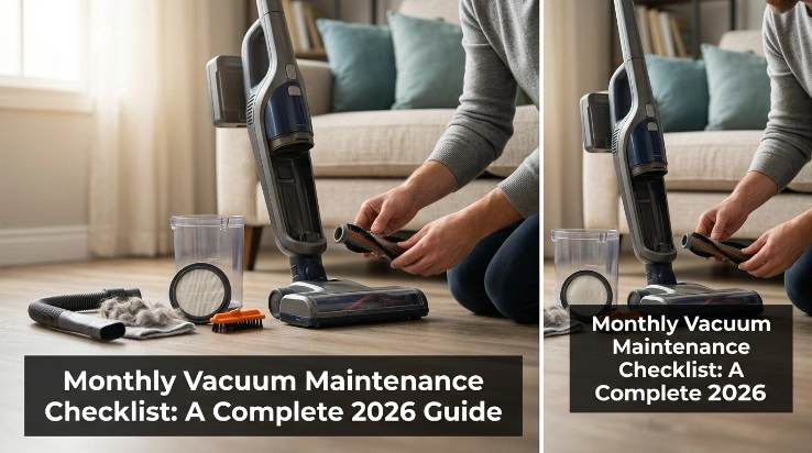 Monthly vacuum maintenance checklist showing filter, dust bin, brush roll, hose, and vacuum inspection