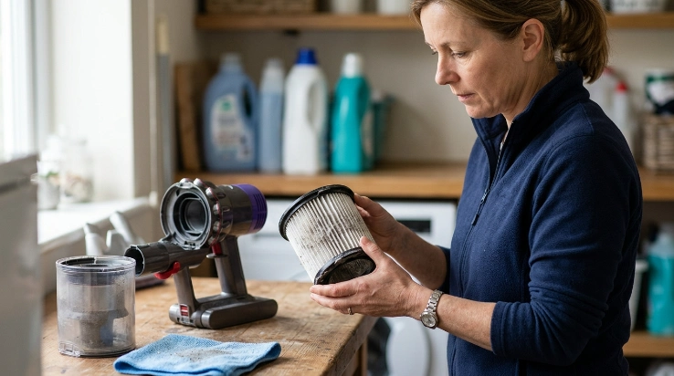 Monthly vacuum maintenance checklist showing a homeowner inspecting dust buildup on a pleated vacuum filter
