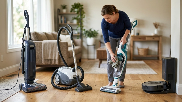 Four vacuum types arranged for monthly maintenance including upright, canister, cordless stick, and robot