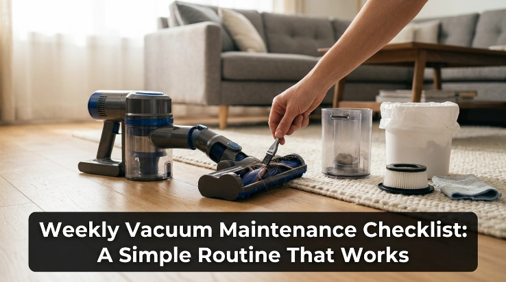 Weekly vacuum maintenance checklist showing dustbin, brush roll, filter, and floorhead inspection