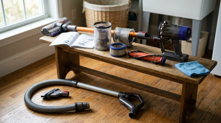 Vacuum parts arranged for weekly inspection and deeper maintenance, including filter, brush roll, hose, and battery