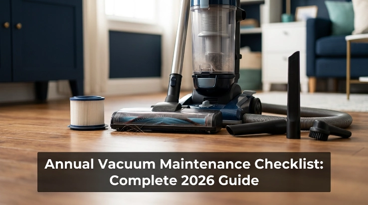 Annual vacuum maintenance checklist with filters, hose, brush roll and attachments ready for inspection