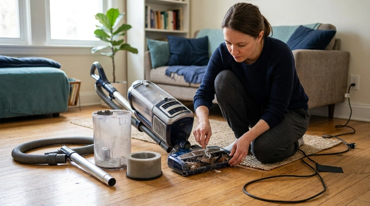 Homeowner following an annual vacuum maintenance checklist with vacuum parts removed for inspection