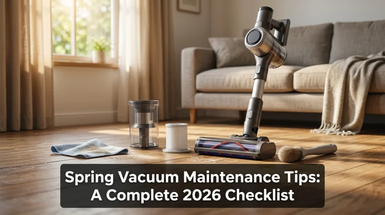 Spring vacuum maintenance tips showing filters, dust bin, brush roll, and vacuum cleaning tools