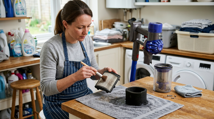 Homeowner inspecting washable and dry vacuum filters during spring vacuum maintenance