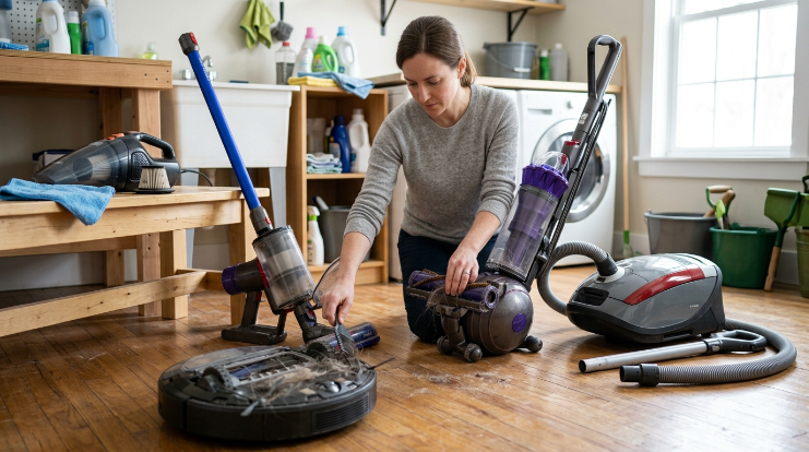 Five vacuum types prepared for different spring maintenance tasks in a home utility room