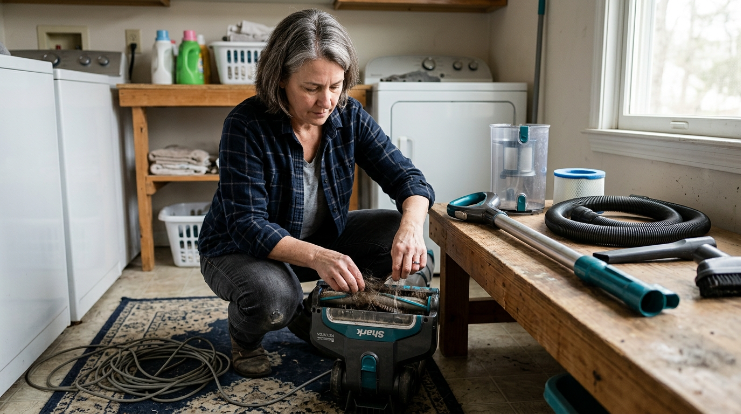 Homeowner cleaning and drying a vacuum before winter storage with hose, filter, cord, and tools visible