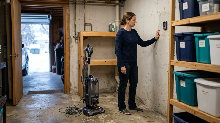 Vacuum being placed on a dry basement shelf away from moisture during winter storage