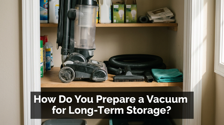 Clean vacuum prepared for long-term storage with hose, tools, and accessories organized in a dry closet.