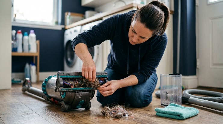 Homeowner cleaning a vacuum brush roll, dust bin, hose, and wand before long-term storage.