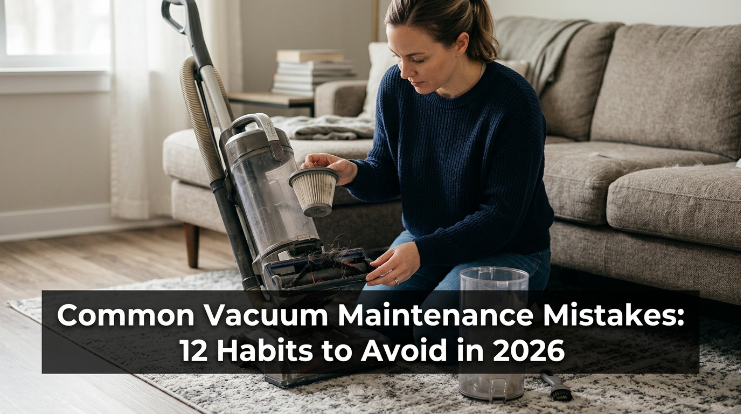 Vacuum maintenance tips for beginners with filter, brush roll, bin, and hose ready for cleaning.