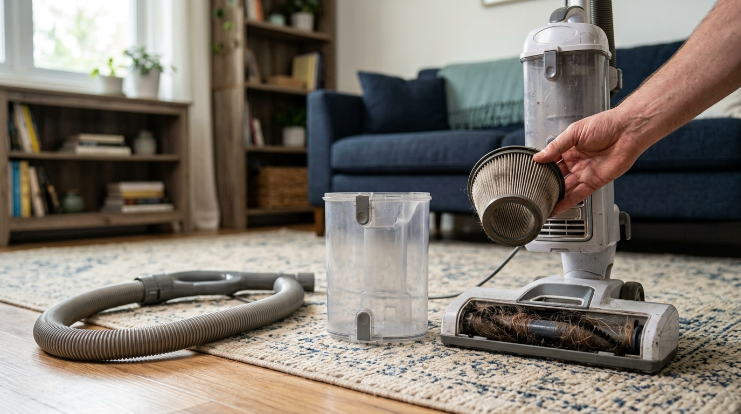 Beginner inspecting vacuum bin, filter, brush roll, and hose during regular maintenance.