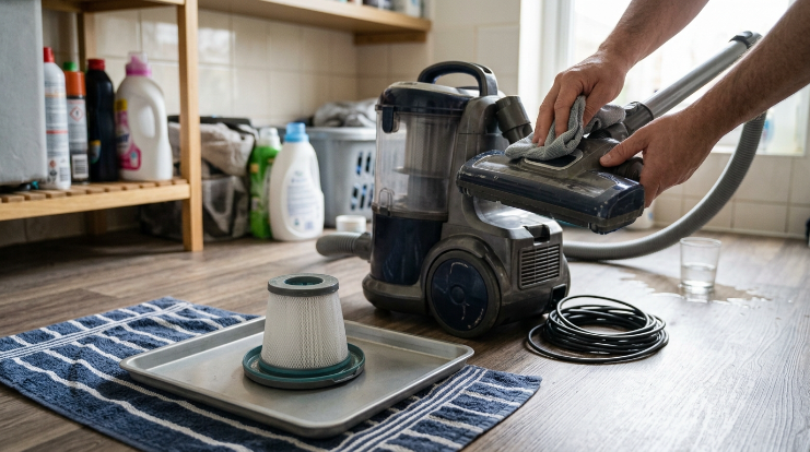 Unplugged vacuum with filter drying, brush roll hair removal, and hose inspection.